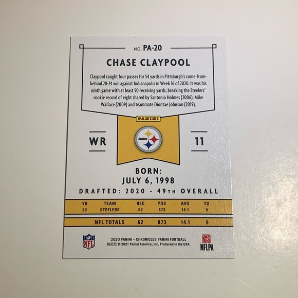 🏈 4/$25 2020 PANINI CHRONICLES PANINI #PA-20 CHASE CLAYPOOL NFL TRADING CARD 🏈 - Picture 2 of 3